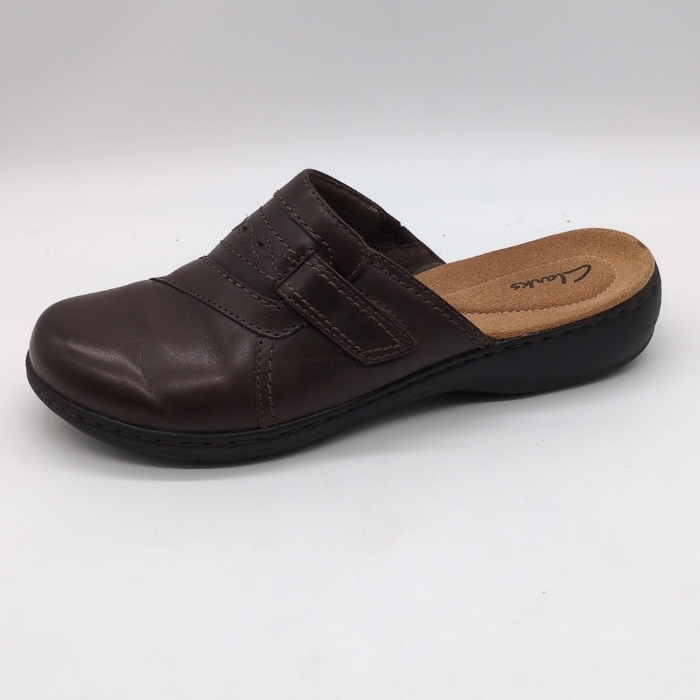 Clarks Shoes Womens Brown 9 Leather Clogs Slip On Walking Comfort Hook Loop 1113